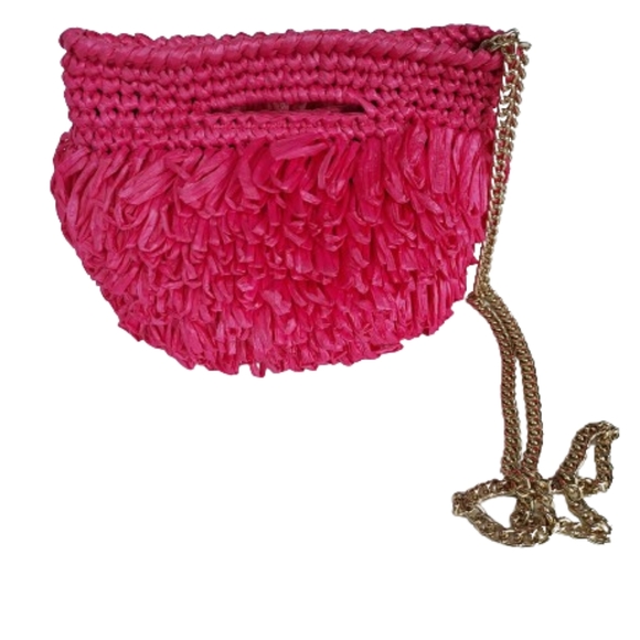 Caterina Bertini Fuschia Pink Looped Raffia Chain  Bag Purse Handbag Crossbody - Picture 6 of 12
